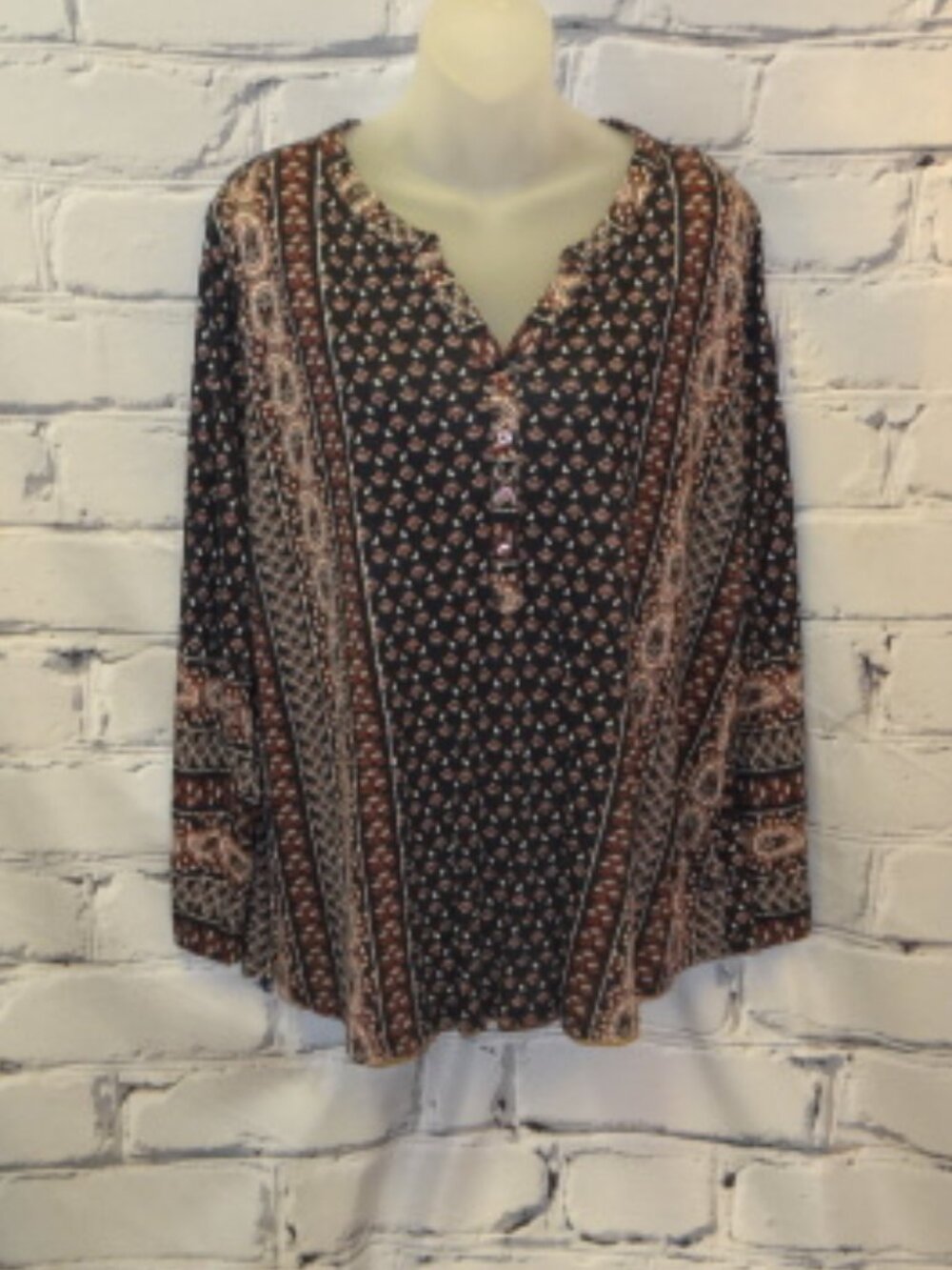 Style & Co. Blue/Maroon/White Print Long Sleeve Tunic